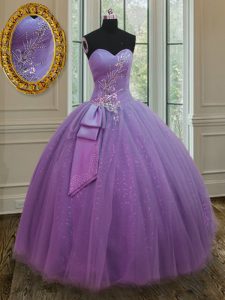 Lilac Sweetheart Lace Up Beading and Ruching and Bowknot Sweet 16 Dresses Sleeveless