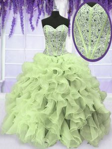 Romantic Yellow Green Organza Lace Up Sweetheart Sleeveless Floor Length Quince Ball Gowns Beading and Ruffles