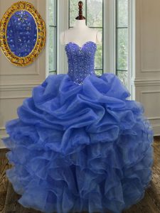 Sleeveless Floor Length Beading and Ruffles Lace Up Quinceanera Gown with Blue