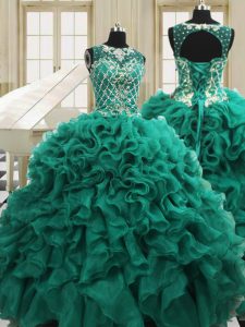 Scoop Sleeveless Lace Up Floor Length Beading and Ruffles Quinceanera Dresses