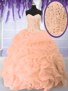 Lovely Floor Length Lace Up Quince Ball Gowns Pink for Military Ball and Sweet 16 and Quinceanera with Beading and Ruffles