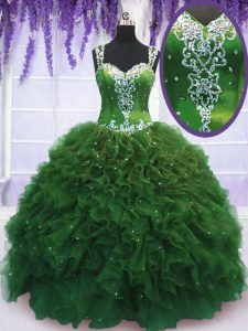 Floor Length Green 15th Birthday Dress Straps Sleeveless Zipper