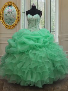 Admirable Apple Green Sleeveless Beading and Ruffles and Pick Ups Floor Length Ball Gown Prom Dress