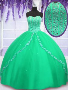 Tulle Sweetheart Sleeveless Lace Up Beading and Sequins Quinceanera Gowns in Green