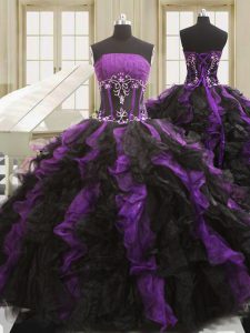 Delicate Black And Purple Quince Ball Gowns Military Ball and Sweet 16 and Quinceanera and For with Beading and Ruffles Strapless Sleeveless Lace Up