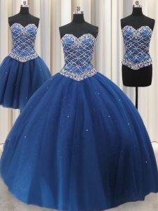 Gorgeous Three Piece Blue Sleeveless Floor Length Beading and Sequins Lace Up 15 Quinceanera Dress