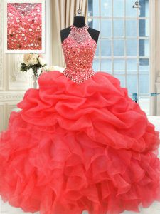 Dynamic Coral Red Organza Lace Up Sweet 16 Dress Sleeveless Floor Length Beading and Pick Ups