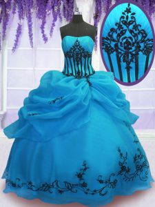 Blue Ball Gowns Embroidery Quinceanera Dresses Lace Up Organza Sleeveless Floor Length
