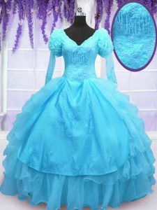 Custom Designed Baby Blue Long Sleeves Embroidery Floor Length Sweet 16 Dresses