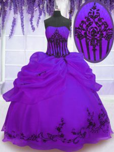 High Class Floor Length Purple Sweet 16 Dress Organza Sleeveless Embroidery