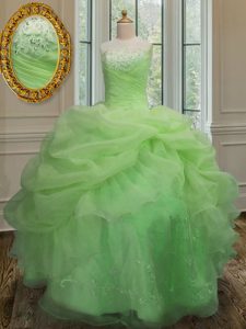 Sleeveless Floor Length Embroidery and Pick Ups Lace Up Quinceanera Dress