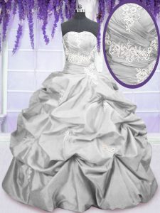 Custom Fit Sleeveless Floor Length Embroidery and Pick Ups Lace Up Quinceanera Gowns with Silver