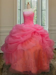 Pink Organza Lace Up Vestidos de Quinceanera Sleeveless Floor Length Embroidery and Pick Ups