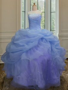 Floor Length Lace Up Quince Ball Gowns Blue for Military Ball and Sweet 16 and Quinceanera with Embroidery and Pick Ups