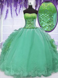 Gorgeous Turquoise Sleeveless Floor Length Embroidery and Ruffles Lace Up Quinceanera Dress