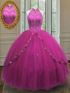 Simple Floor Length Lace Up Sweet 16 Dresses Fuchsia for Military Ball with Beading and Appliques