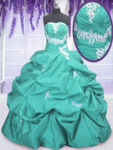 Aqua Blue Taffeta Lace Up Quinceanera Gown Sleeveless Floor Length Appliques and Ruching and Pick Ups