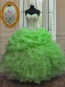 Flare Ball Gowns Sweetheart Sleeveless Organza Floor Length Lace Up Beading and Ruffles and Pick Ups Quince Ball Gowns