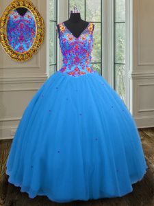 Straps Blue Sleeveless Beading and Sequins Floor Length Quinceanera Dresses