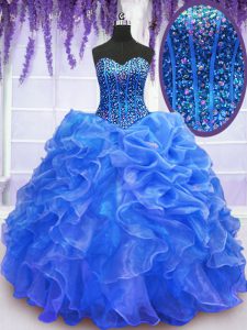 Blue Sleeveless Floor Length Beading and Ruffles Lace Up Juniors Party Dress