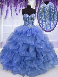 Low Price Blue Lace Up Sweetheart Beading and Ruffles Quinceanera Gowns Organza Sleeveless