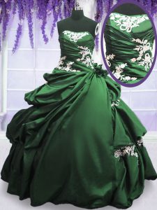 Modern Dark Green Strapless Neckline Appliques and Pick Ups 15th Birthday Dress Sleeveless Lace Up