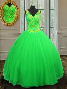 Green Zipper 15 Quinceanera Dress Beading Sleeveless Floor Length