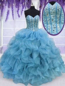 Sweetheart Sleeveless Lace Up 15th Birthday Dress Aqua Blue Organza