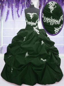 Hot Sale Dark Green and Peacock Green Ball Gowns Strapless Sleeveless Taffeta Floor Length Lace Up Appliques and Pick Ups 15 Quinceanera Dress