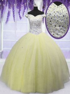 Dazzling Off The Shoulder Short Sleeves Tulle Quinceanera Dress Beading Lace Up