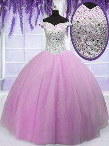 Wonderful Off the Shoulder Beading Quince Ball Gowns Lilac Lace Up Short Sleeves Floor Length