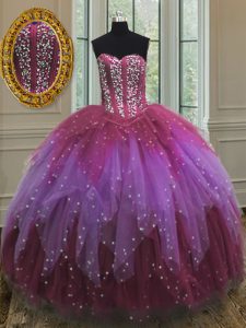 Traditional Sweetheart Sleeveless Tulle Ball Gown Prom Dress Beading and Ruffles and Sequins Lace Up