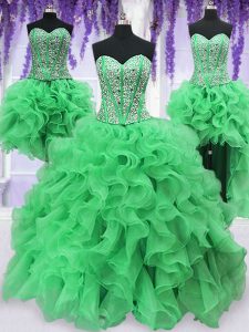 Glittering Four Piece Floor Length Lace Up Quinceanera Dresses Green for Military Ball and Sweet 16 and Quinceanera with Beading and Ruffles