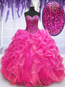 Floor Length Hot Pink Quinceanera Dress Organza Sleeveless Beading and Ruffles