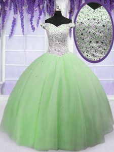 Pretty Off the Shoulder Short Sleeves Floor Length Beading Lace Up Sweet 16 Dress with Apple Green