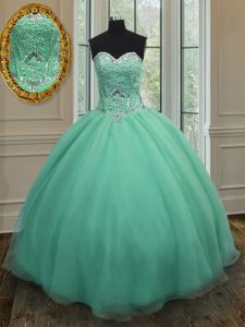 Glorious Apple Green Ball Gowns Organza Sweetheart Sleeveless Beading Floor Length Lace Up Quinceanera Dress