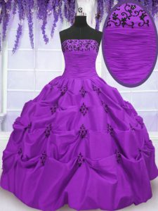 Enchanting Eggplant Purple Strapless Lace Up Embroidery and Pick Ups Sweet 16 Dresses Sleeveless