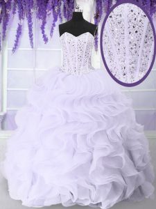 White Sleeveless Floor Length Beading and Ruffles Lace Up 15 Quinceanera Dress