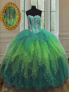 Sleeveless Lace Up Floor Length Beading and Ruffles and Sequins Quinceanera Dress