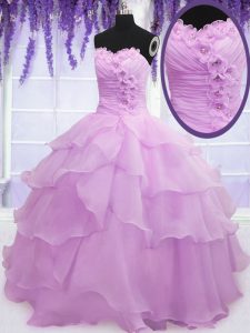 Sleeveless Lace Up Floor Length Beading and Ruffled Layers and Hand Made Flower Sweet 16 Dress