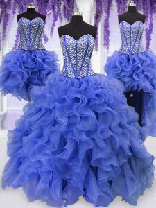 Four Piece Royal Blue Sweetheart Lace Up Ruffles and Sequins 15th Birthday Dress Sleeveless