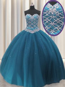 Stunning Teal Tulle Lace Up Sweet 16 Dress Sleeveless Floor Length Beading and Sequins