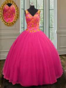 Hot Pink Tulle Zipper V-neck Sleeveless Floor Length Quinceanera Dresses Beading