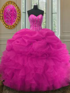 Custom Designed Fuchsia Ball Gowns Sweetheart Sleeveless Organza Floor Length Lace Up Beading and Ruffles and Pick Ups 15th Birthday Dress