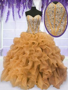Nice Floor Length Lace Up 15th Birthday Dress Gold for Military Ball and Sweet 16 and Quinceanera with Beading and Ruffles