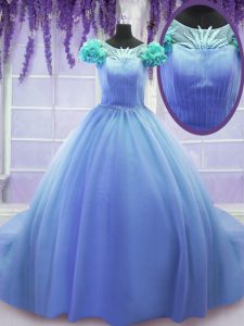 Scoop Short Sleeves Tulle Court Train Lace Up Sweet 16 Dresses in Blue with Hand Made Flower
