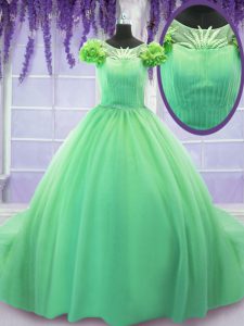 Scoop Green Short Sleeves Court Train Hand Made Flower Quinceanera Gowns