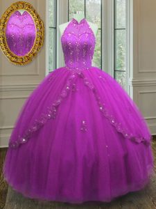 Shining Fuchsia Tulle Lace Up High-neck Sleeveless Floor Length 15th Birthday Dress Beading and Appliques
