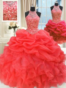 Low Price Three Piece Red Sleeveless Floor Length Beading and Pick Ups Lace Up Vestidos de Quinceanera