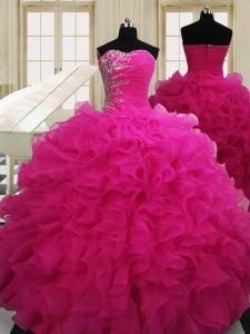 Hot Pink Zipper Quinceanera Dresses Beading Sleeveless Floor Length